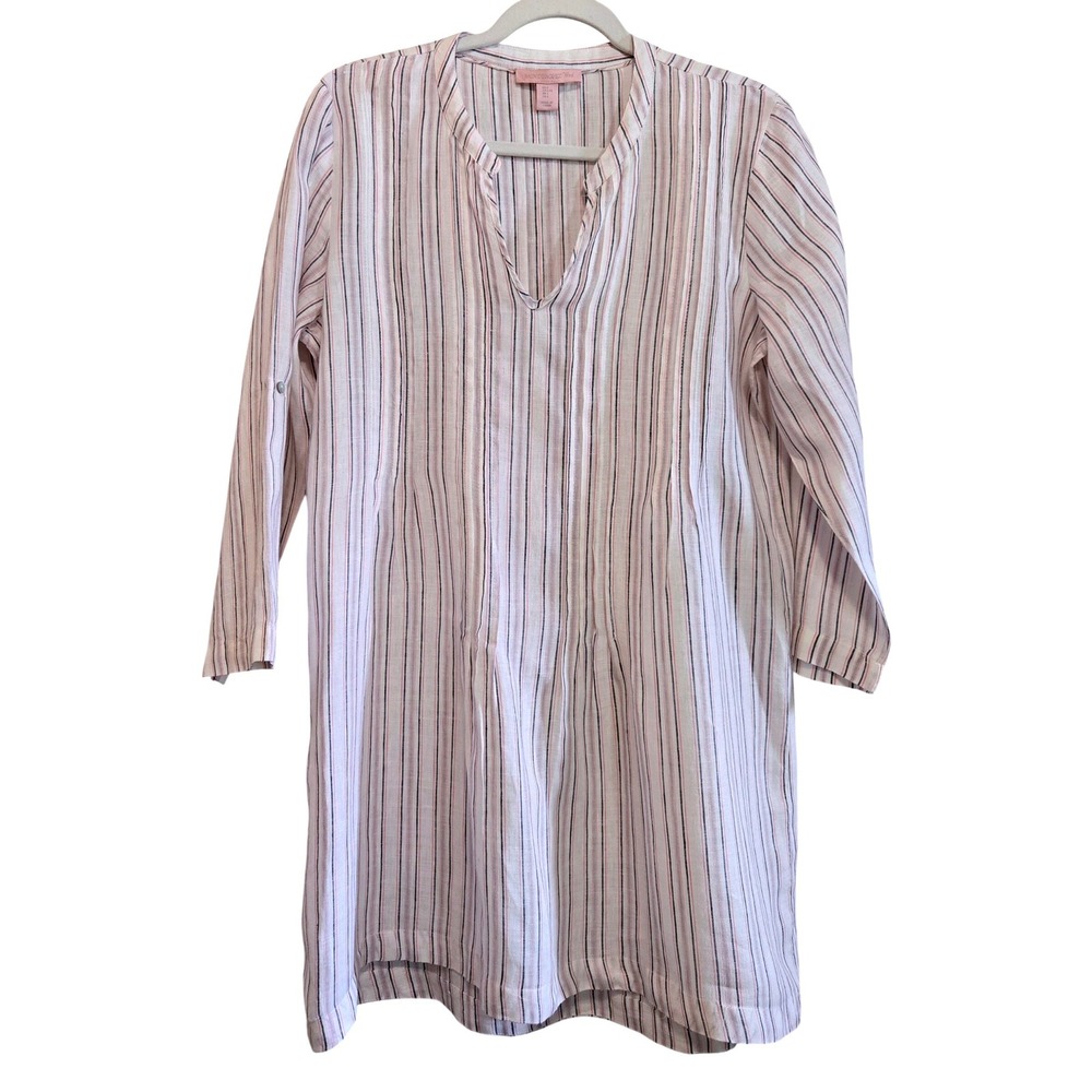 Saint Tropez West Classic Chic Linen Striped‎ Tunic  3/4 Roll Tab Sleeve Women L